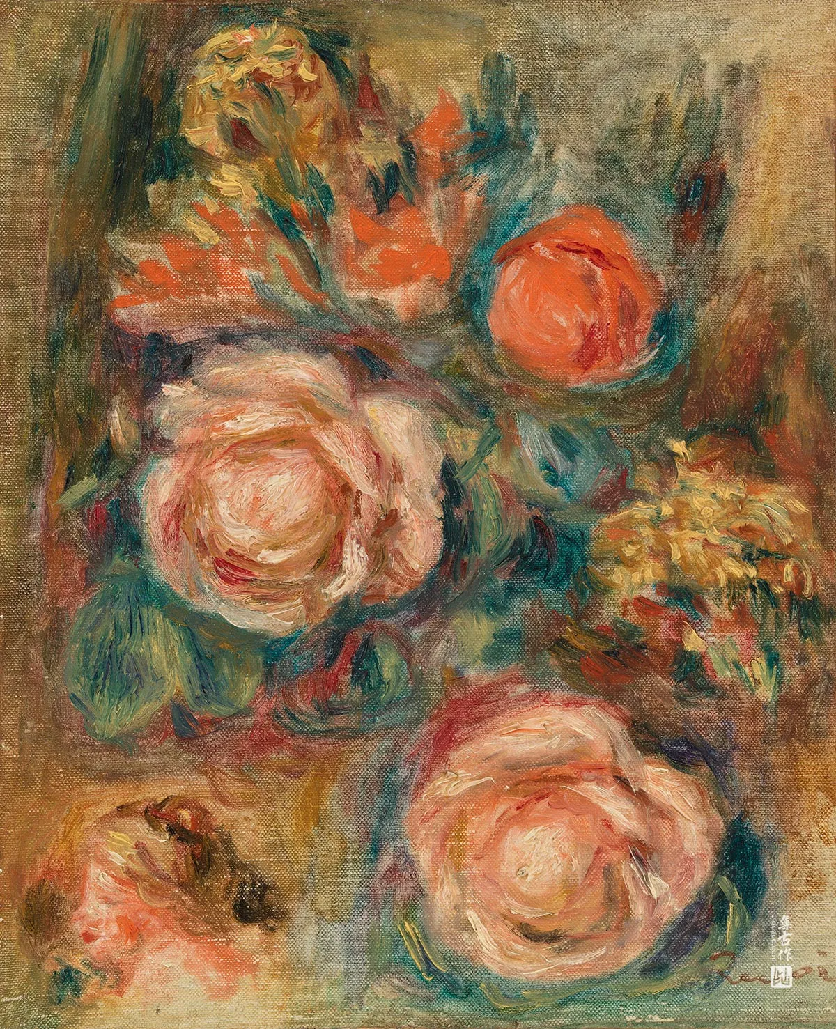 雷诺阿油画花卉《玫瑰花束》