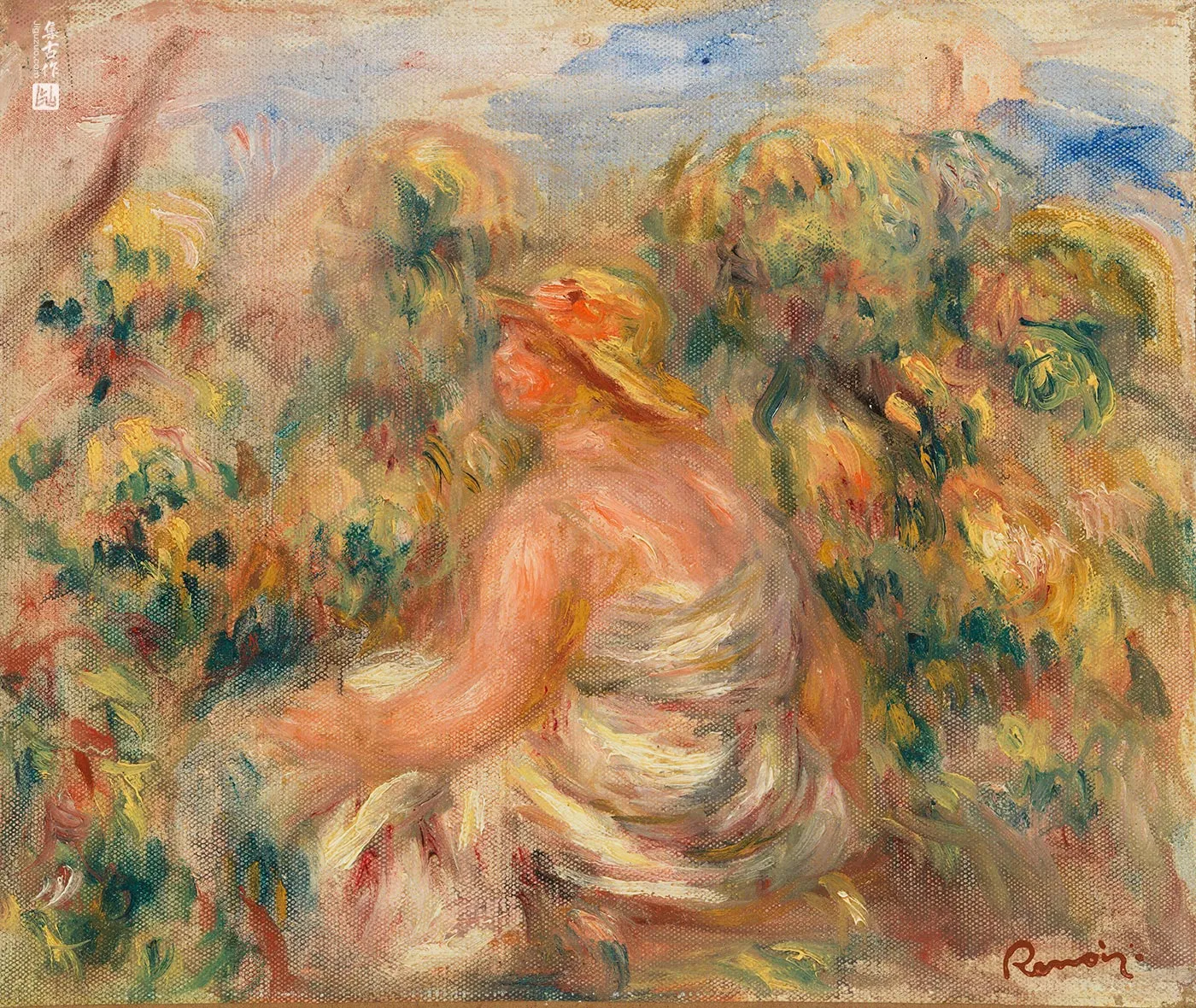 雷诺阿油画《风景中戴帽的女子》
