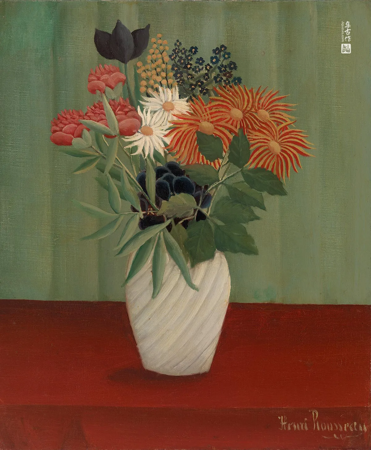 亨利·卢梭《翠菊与东京菊的花束》油画花卉