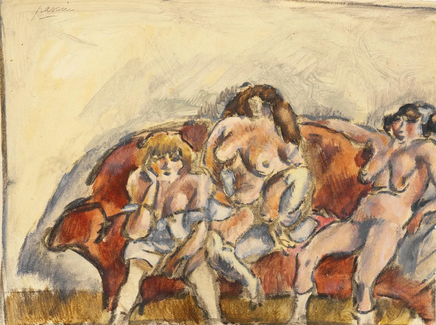 朱勒·帕斯金《红沙发上的三位女子》油画作品
