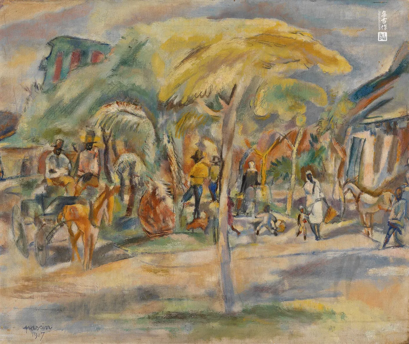 朱勒·帕斯金《南方风景中的马与人物》油画作品