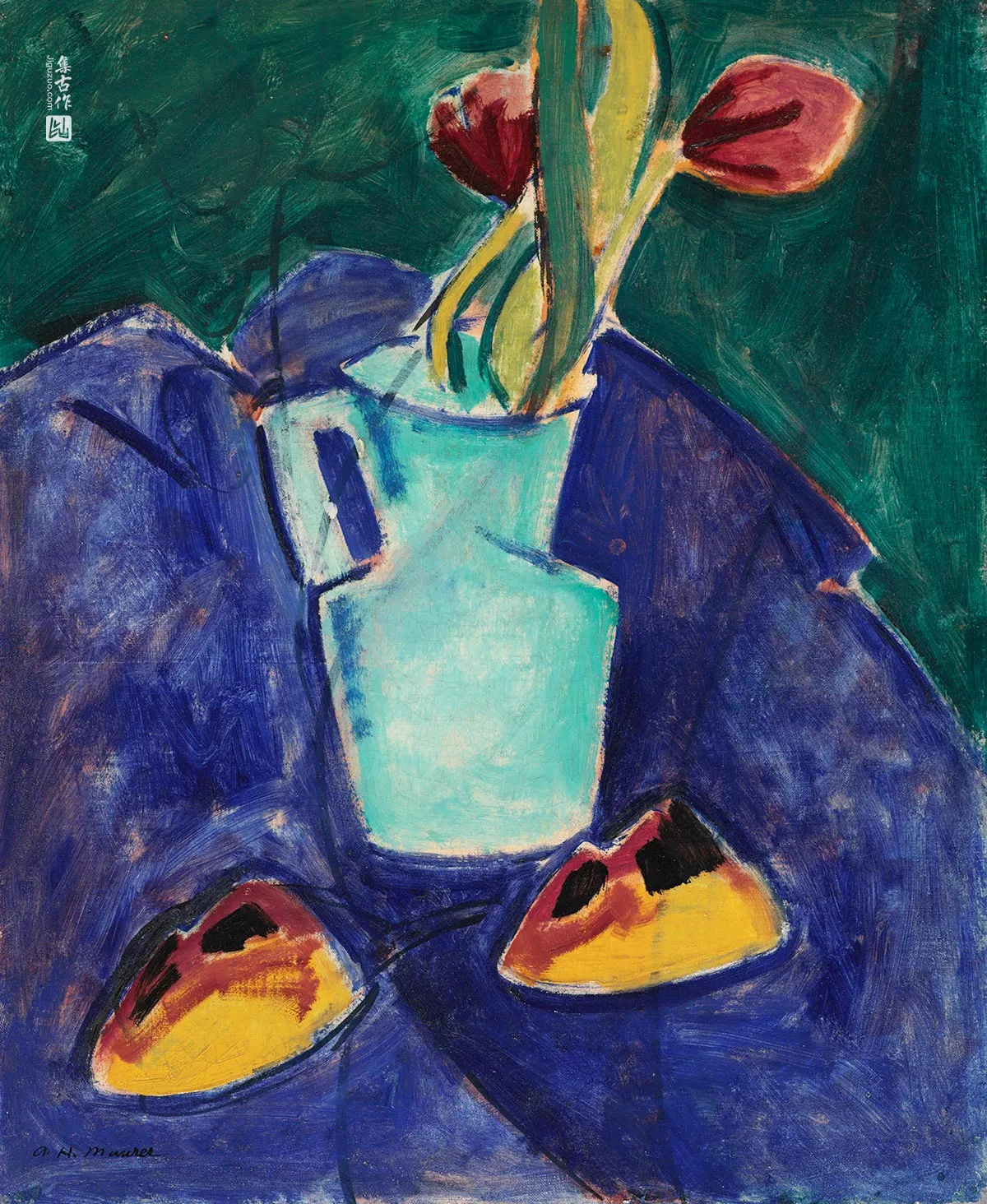阿尔弗雷德·莫勒《绿色花瓶中的郁金香》油画静物