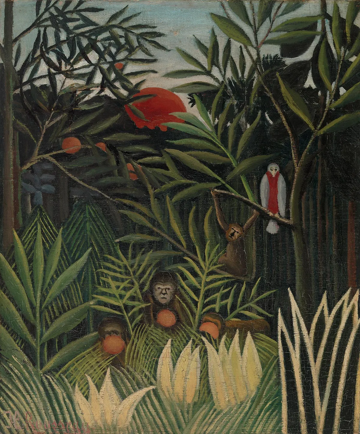 亨利·卢梭《原始森林中的猴子与鹦鹉》油画风景作品