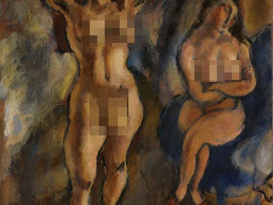 朱勒·帕斯金《双裸女一站一坐》油画作品