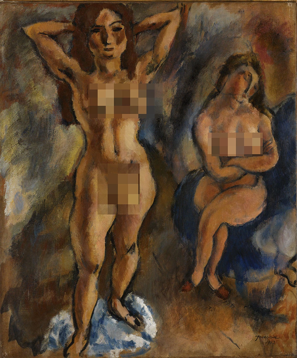 朱勒·帕斯金《双裸女一站一坐》油画作品