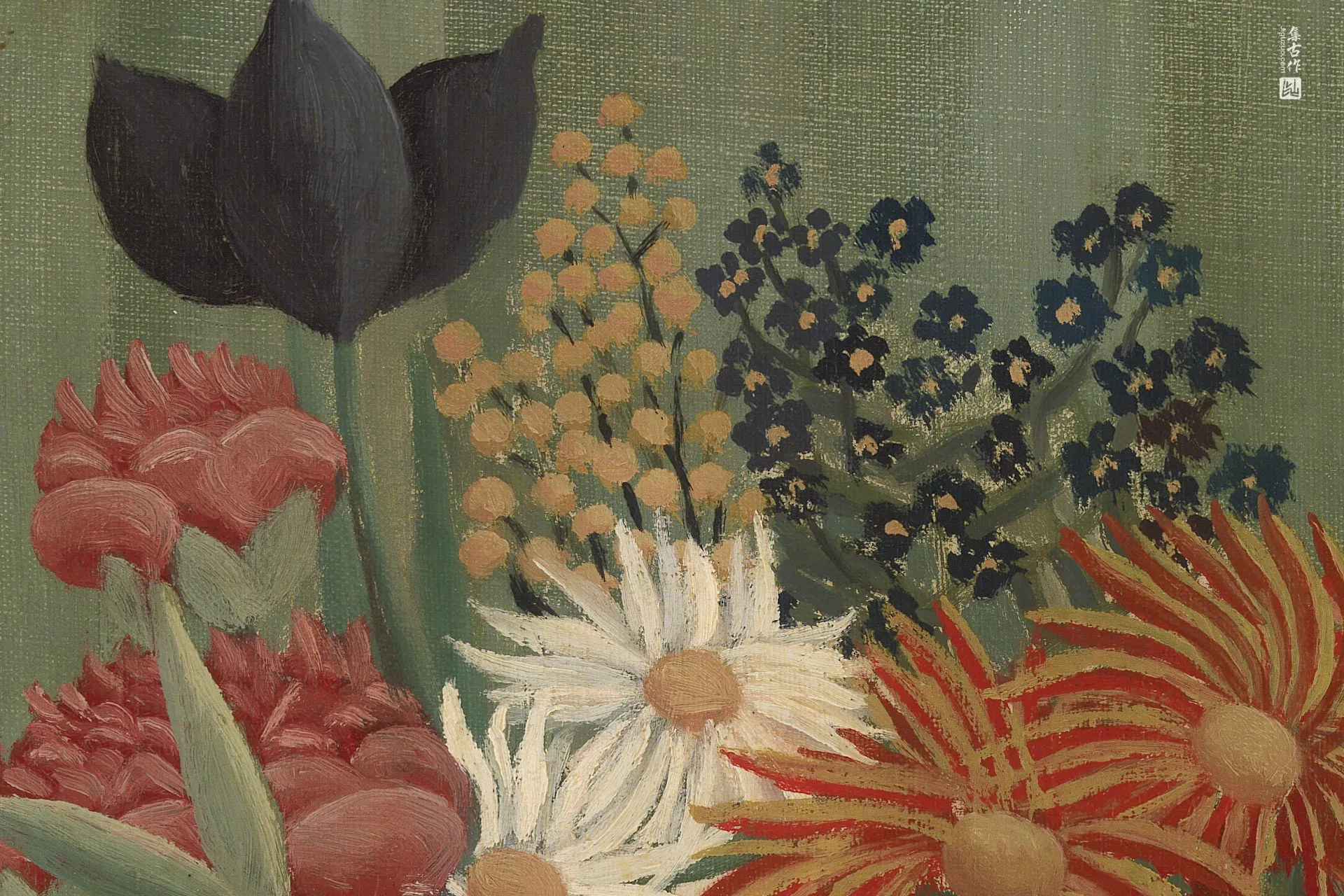 亨利·卢梭《翠菊与东京菊的花束》油画花卉高清局部 (1)