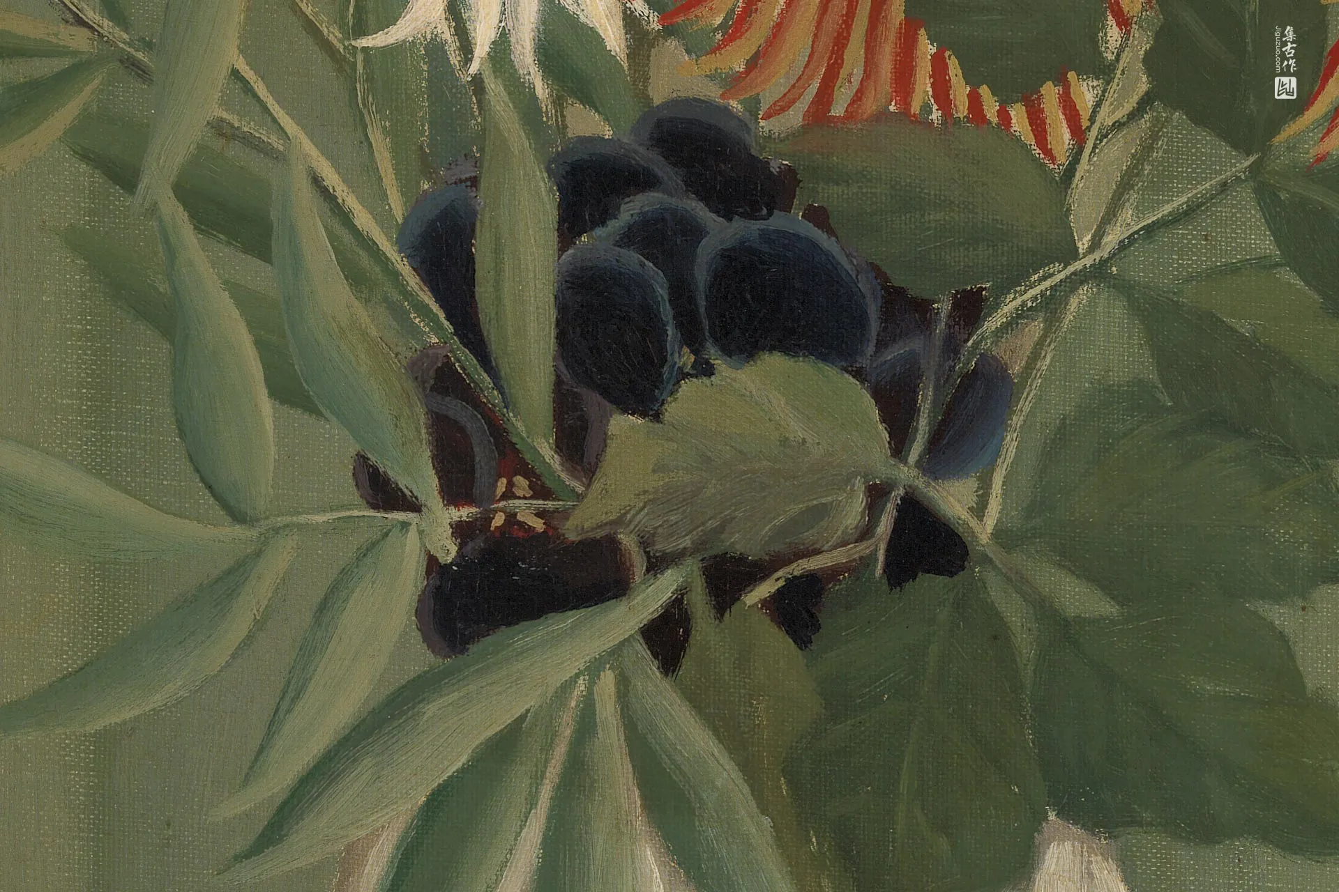 亨利·卢梭《翠菊与东京菊的花束》油画花卉高清局部 (2)