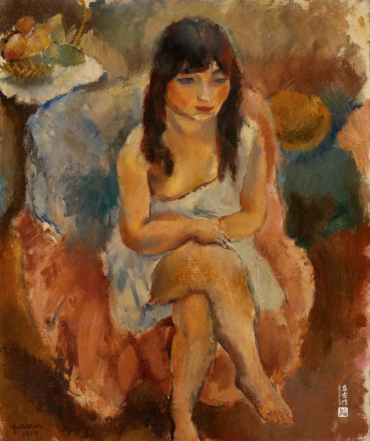 朱勒·帕斯金《坐着的少女》油画人物作品