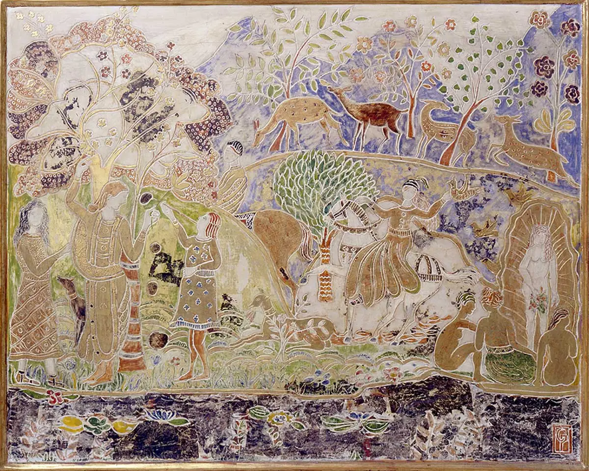 查尔斯·普伦德加斯特《人物与鹿》装饰画作品