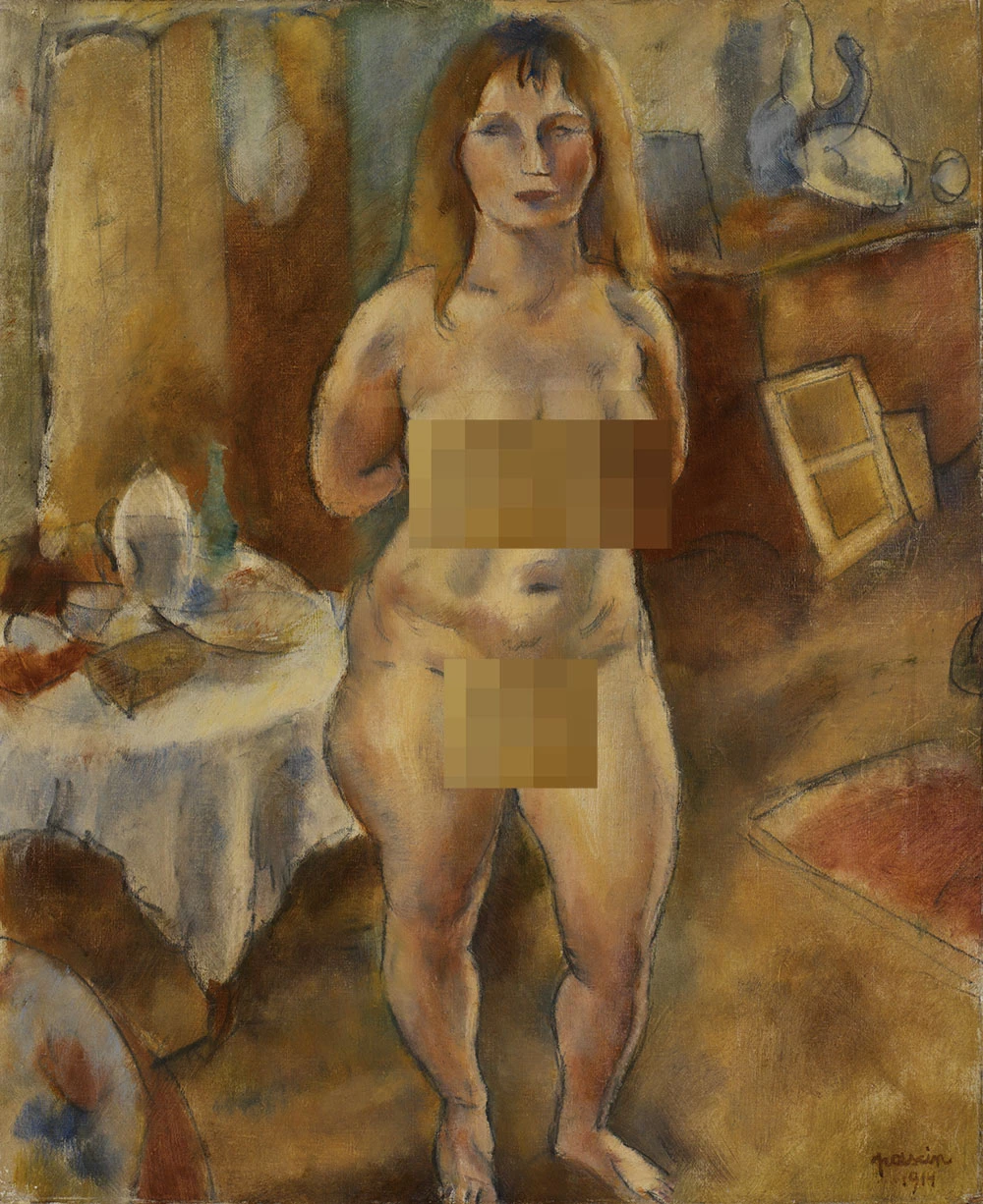 朱勒·帕斯金《画室中的站立裸女》油画人物作品