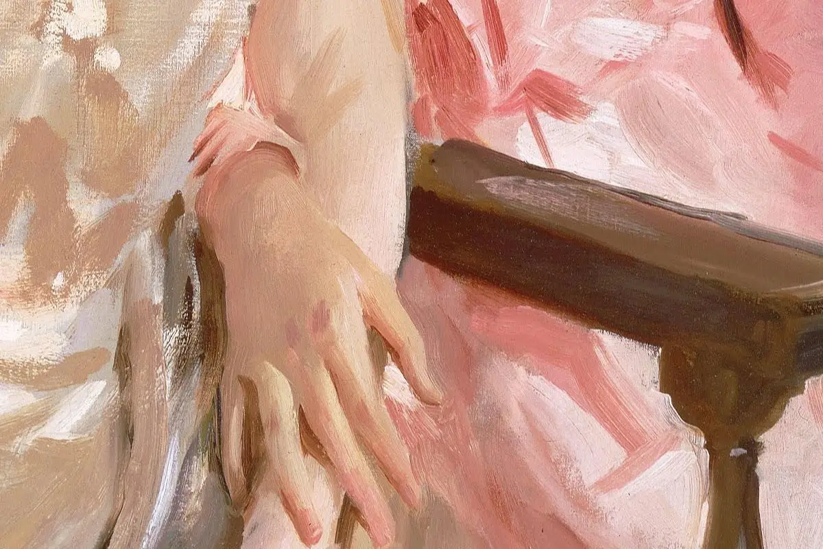 萨金特的女性人物肖像油画《沃伦太太和她的女儿》局部 (4)