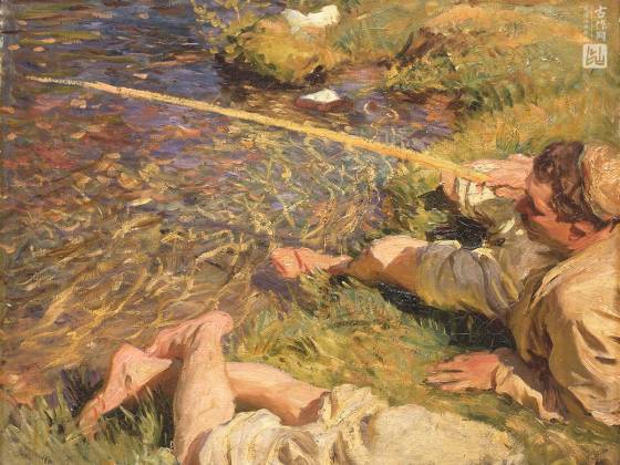 萨金特印象派风格油画作品《钓鱼的男人》