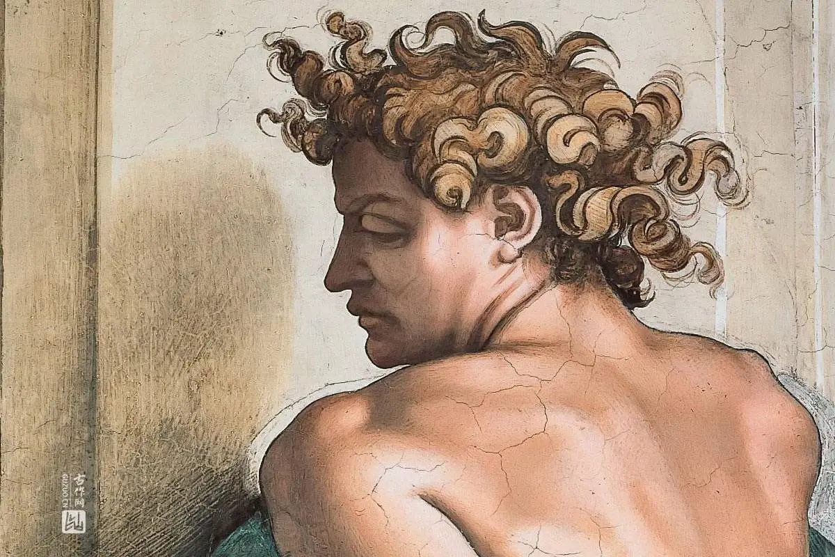 西斯廷教堂米开朗基罗壁画“Ignudo”系列《男性裸体肖像》局部 (8)