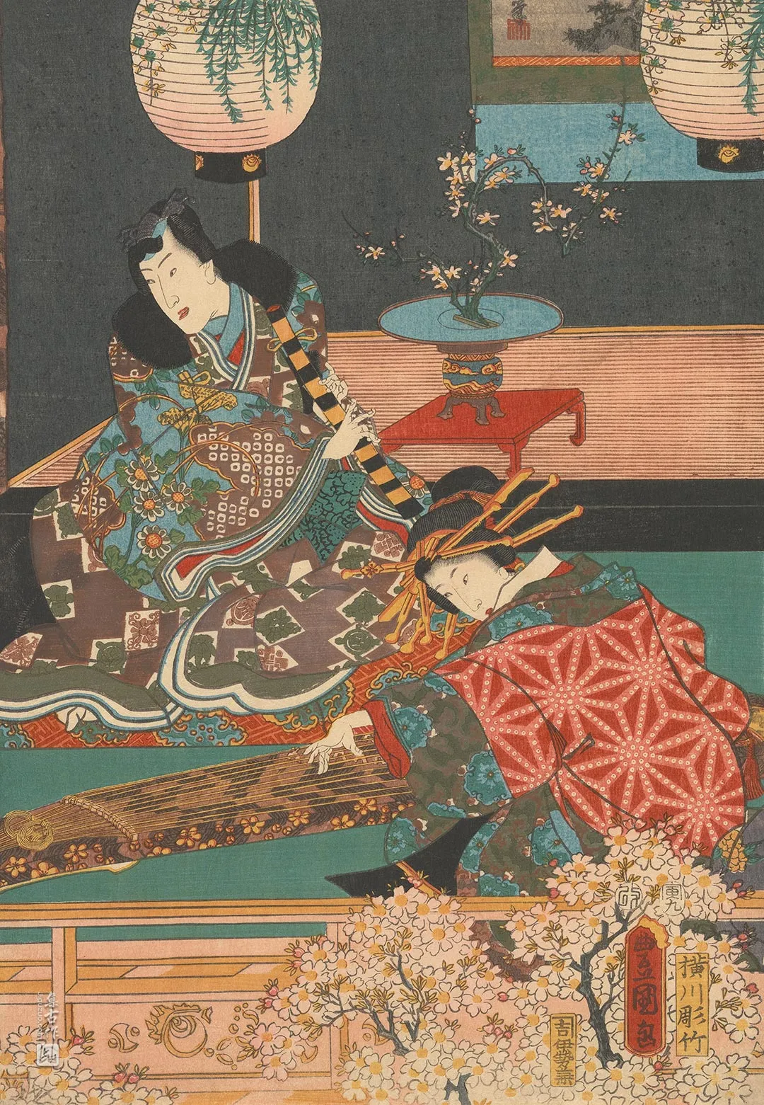 歌川国贞《乡村源氏吹笛，歌妓吹琴》