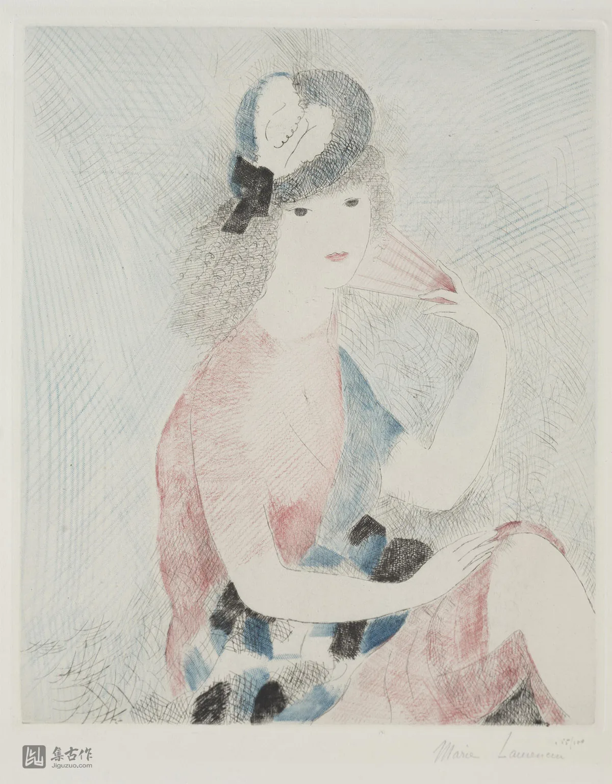 玛丽·洛朗森铜版画女性人物《红扇》