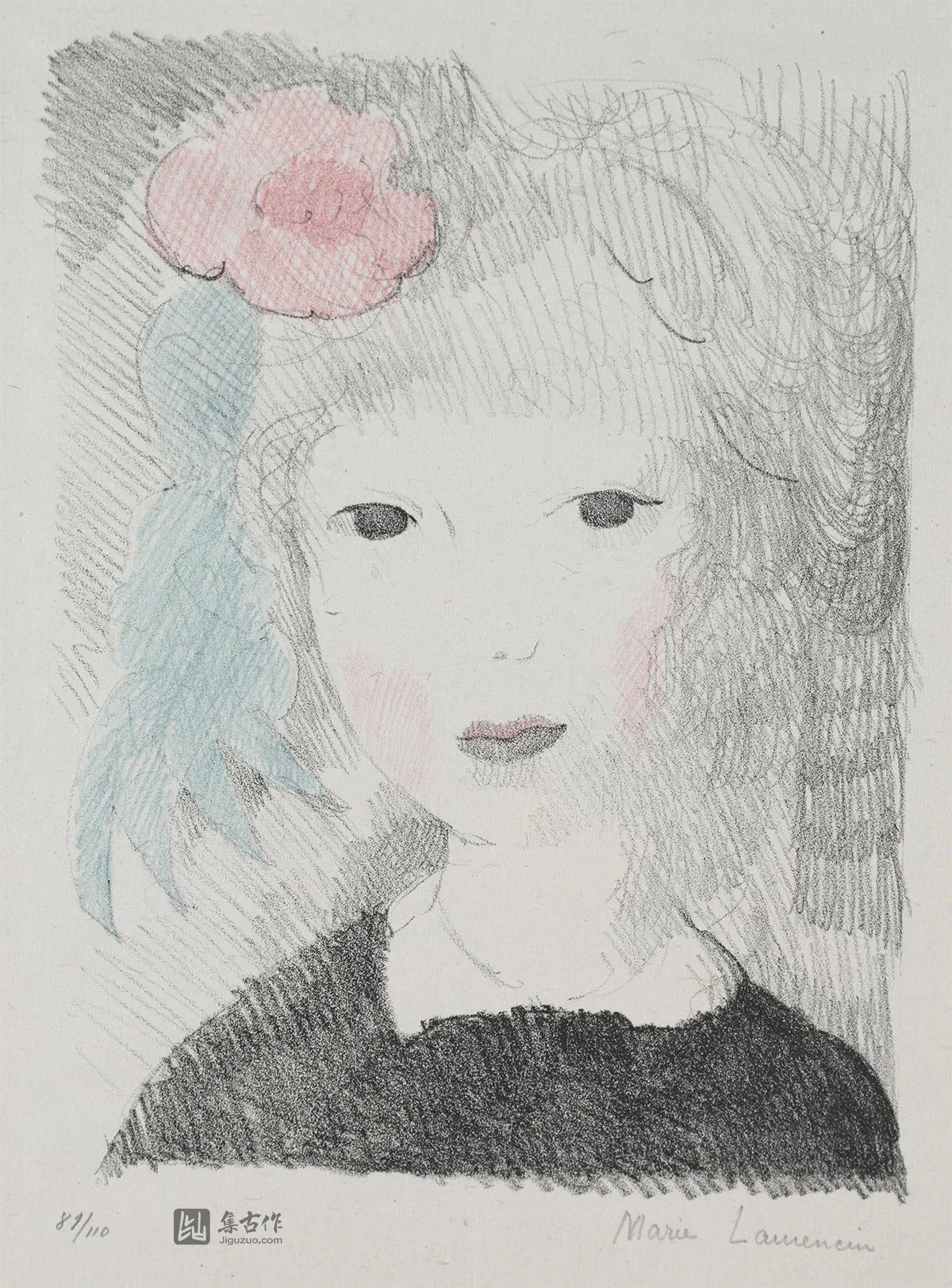 玛丽·洛朗森彩色石版画人物《戴玫瑰的小女孩》