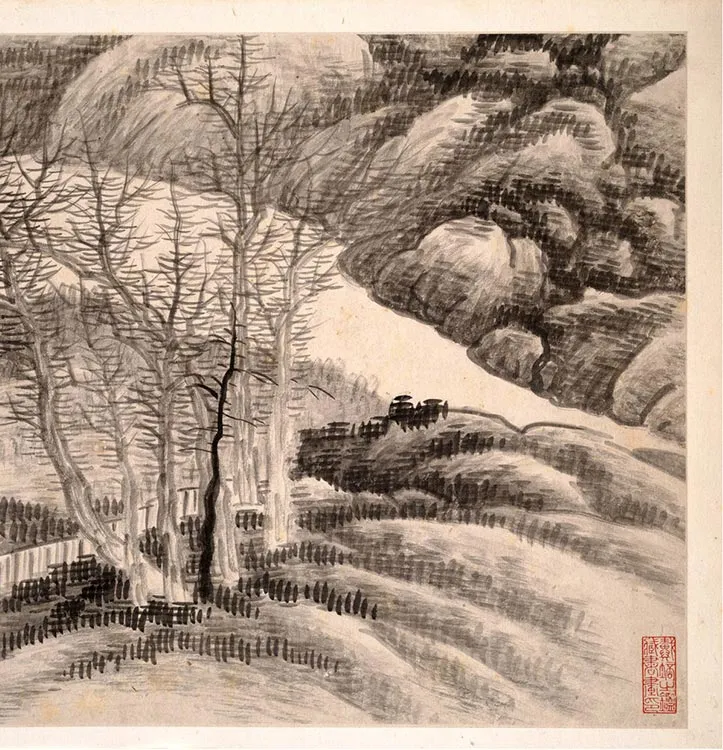 龚贤水墨山水《十二月令山水册》_32