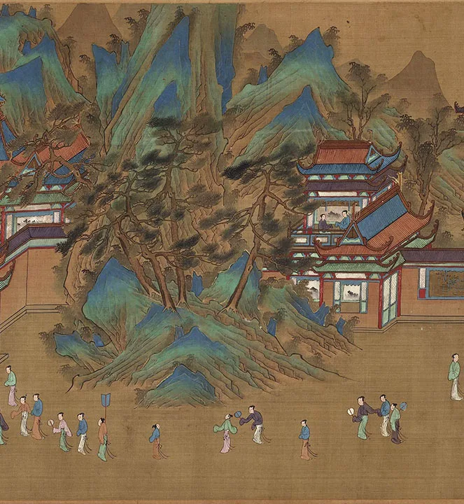 传宋赵伯驹青绿山水楼阁《上苑春游图》卷_22