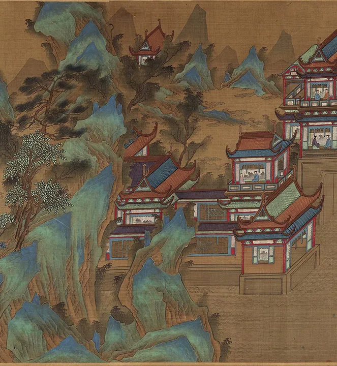 传宋赵伯驹青绿山水楼阁《上苑春游图》卷_11