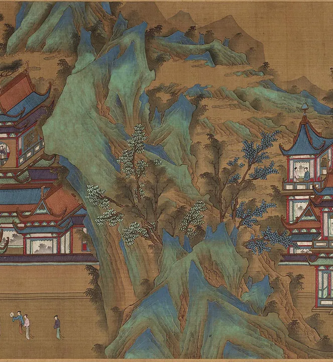 传宋赵伯驹青绿山水楼阁《上苑春游图》卷_09