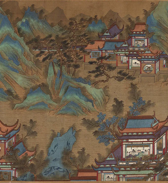 传宋赵伯驹青绿山水楼阁《上苑春游图》卷_19