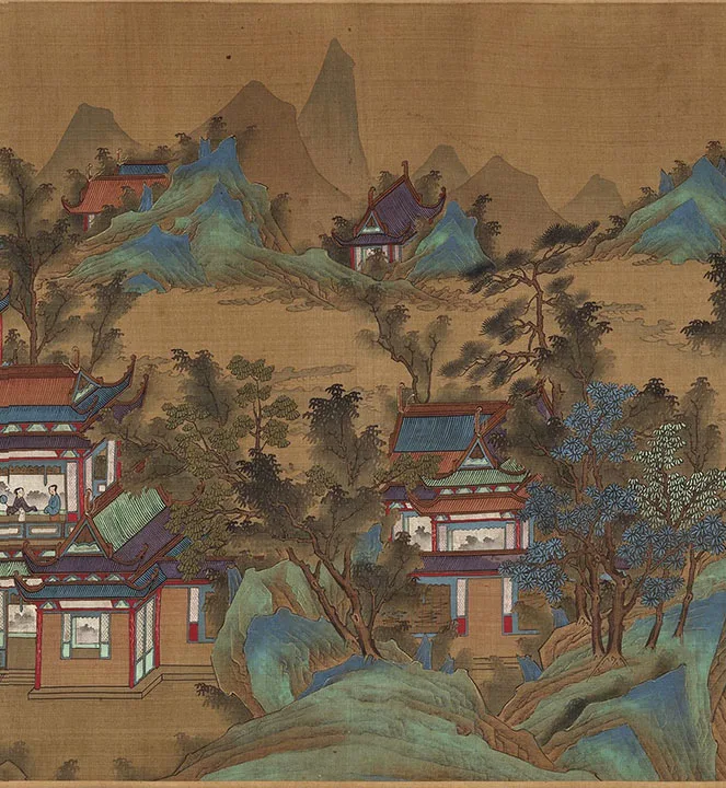 传宋赵伯驹青绿山水楼阁《上苑春游图》卷_10