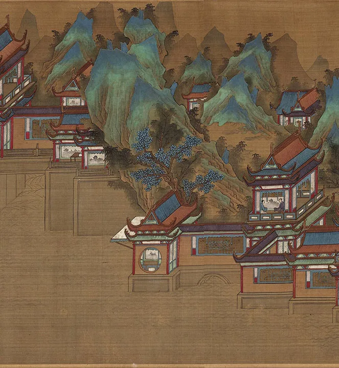 传宋赵伯驹青绿山水楼阁《上苑春游图》卷_12