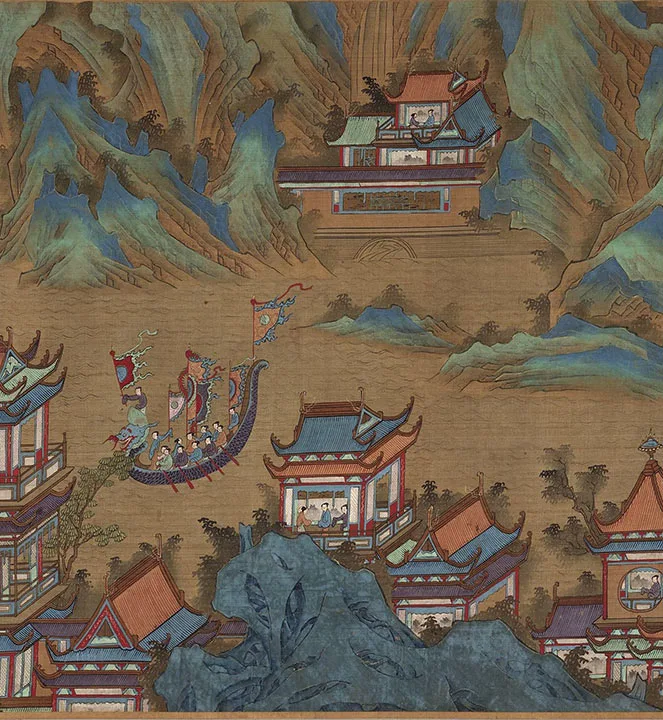 传宋赵伯驹青绿山水楼阁《上苑春游图》卷_18