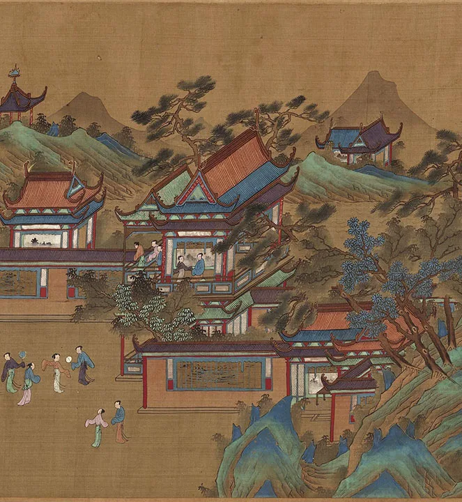 传宋赵伯驹青绿山水楼阁《上苑春游图》卷_23