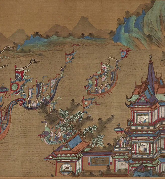 传宋赵伯驹青绿山水楼阁《上苑春游图》卷_17