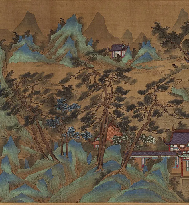 传宋赵伯驹青绿山水楼阁《上苑春游图》卷_06