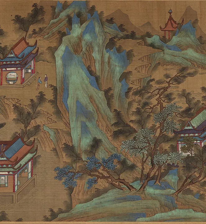 传宋赵伯驹青绿山水楼阁《上苑春游图》卷_07