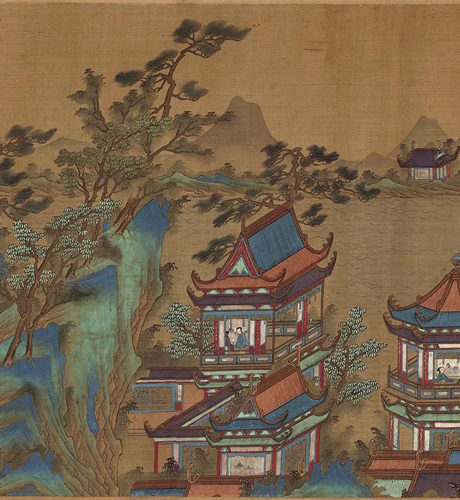 传宋赵伯驹青绿山水楼阁《上苑春游图》卷_24