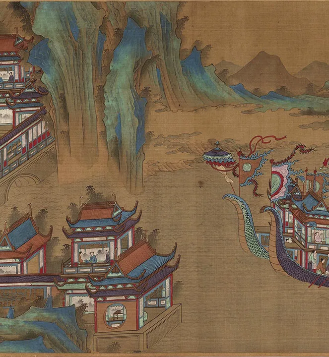 传宋赵伯驹青绿山水楼阁《上苑春游图》卷_15