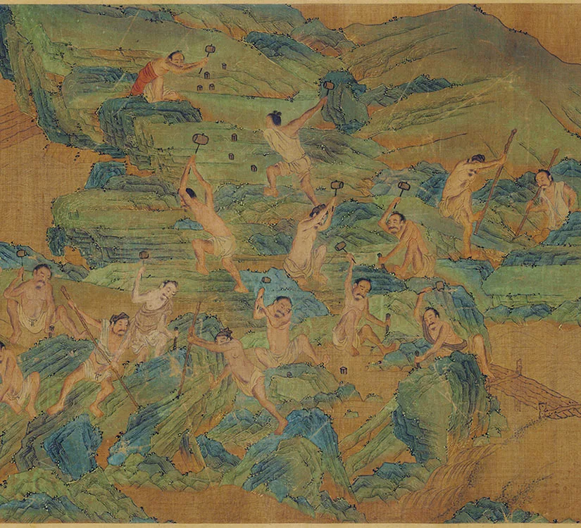 传赵伯驹青绿山水人物画《禹王治水图》卷_09