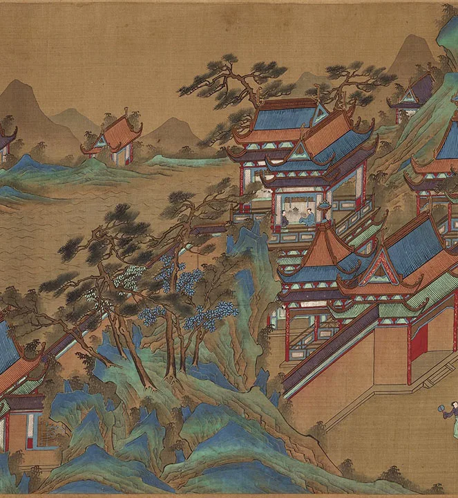 传宋赵伯驹青绿山水楼阁《上苑春游图》卷_21