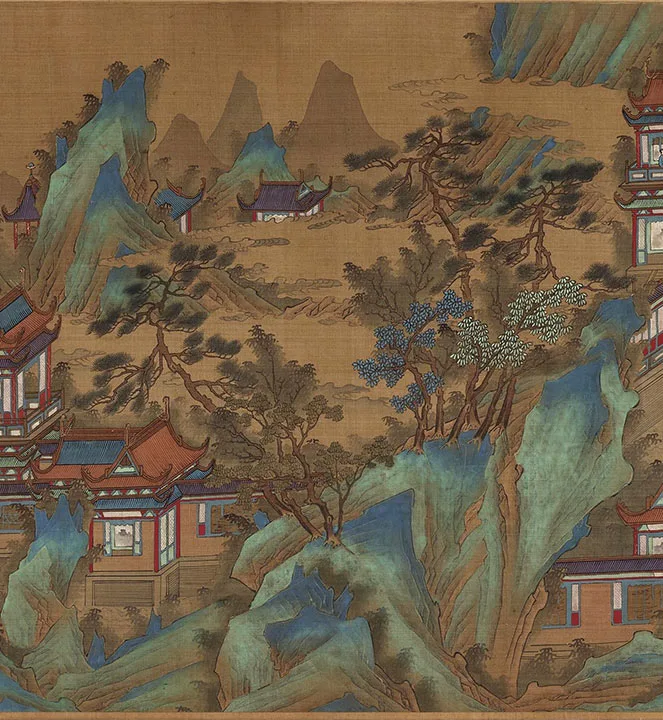 传宋赵伯驹青绿山水楼阁《上苑春游图》卷_14