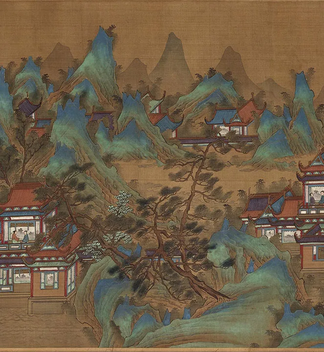 传宋赵伯驹青绿山水楼阁《上苑春游图》卷_13