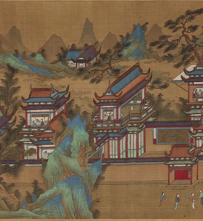 传宋赵伯驹青绿山水楼阁《上苑春游图》卷_08