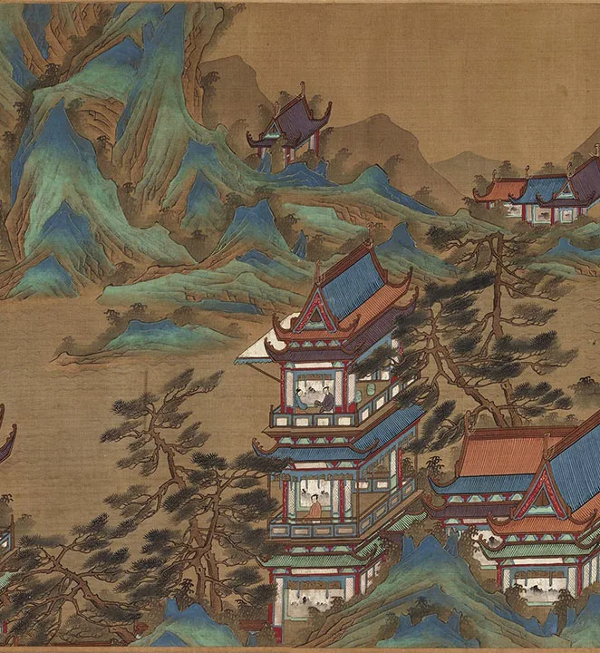 传宋赵伯驹青绿山水楼阁《上苑春游图》卷_20