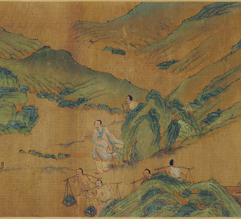 传赵伯驹青绿山水人物画《禹王治水图》卷_10