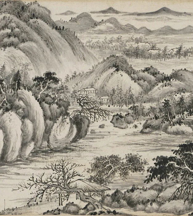 王鉴水墨山水画《仿董源溪山图》卷_19