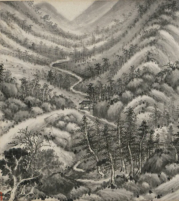 王鉴水墨山水画《仿董源溪山图》卷_12