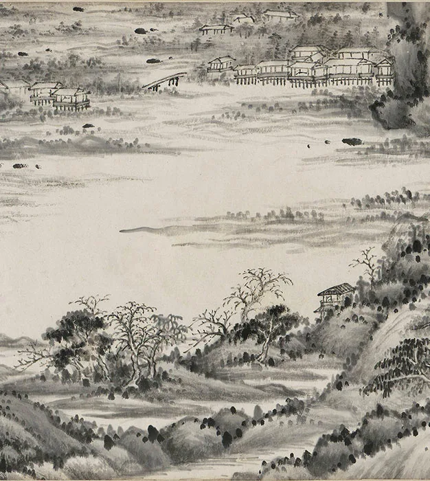 王鉴水墨山水画《仿董源溪山图》卷_05