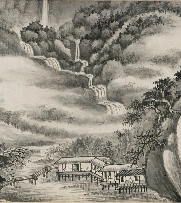 王鉴水墨山水画《仿董源溪山图》卷_14