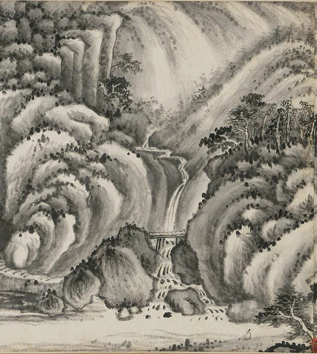 王鉴水墨山水画《仿董源溪山图》卷_11