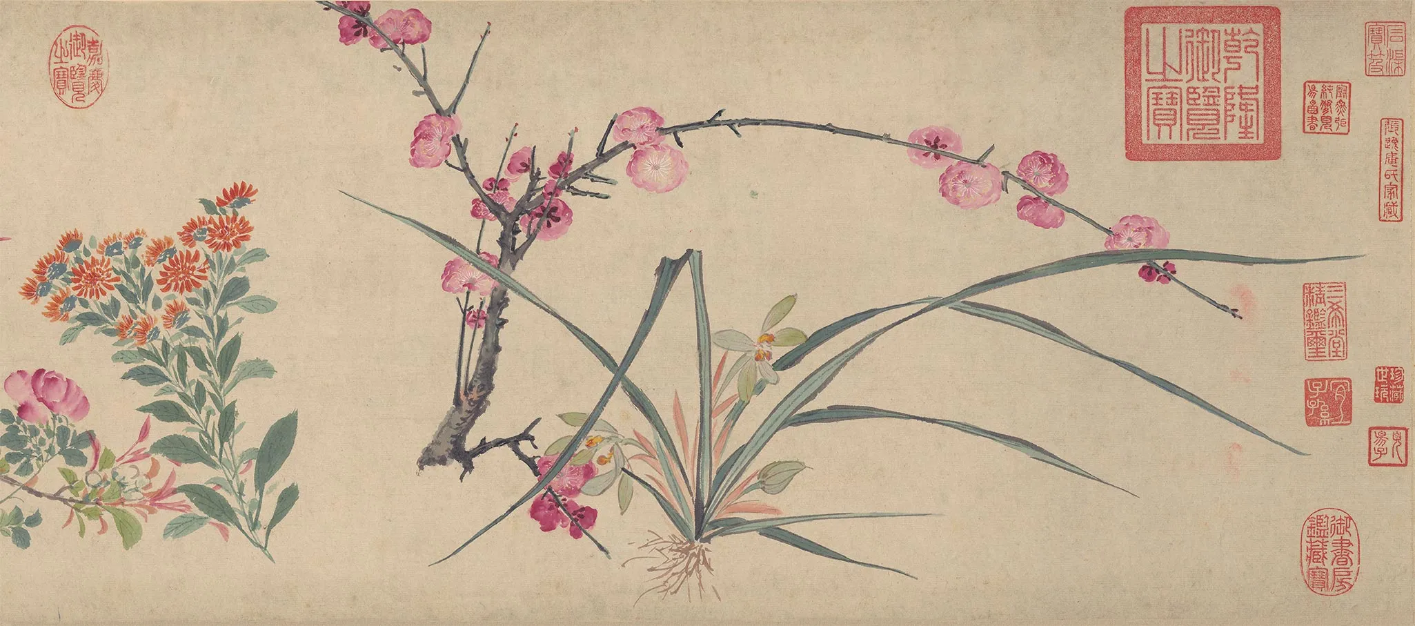 周之冕设色花卉画《百花图卷》局部-1