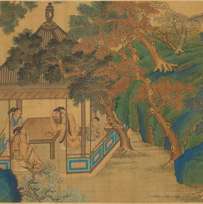 传刘松年青绿山水人物画《山亭高会图》卷_08