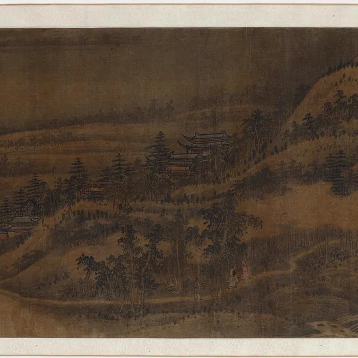 传董源山水画《溪谷村居图》卷_07