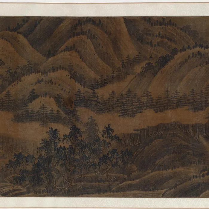 传董源山水画《溪谷村居图》卷_08